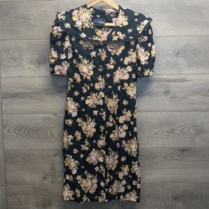 RGY Vintage Black Floral Button Dress Women's Size 8